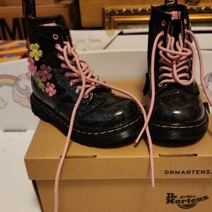 Dr. Martens Black Boots with Pink Laces and Floral Accents